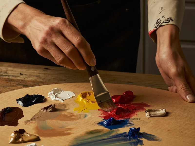Hände einer Malerin mischen Farbe auf einer hölzernen Palette in warmem Tageslicht